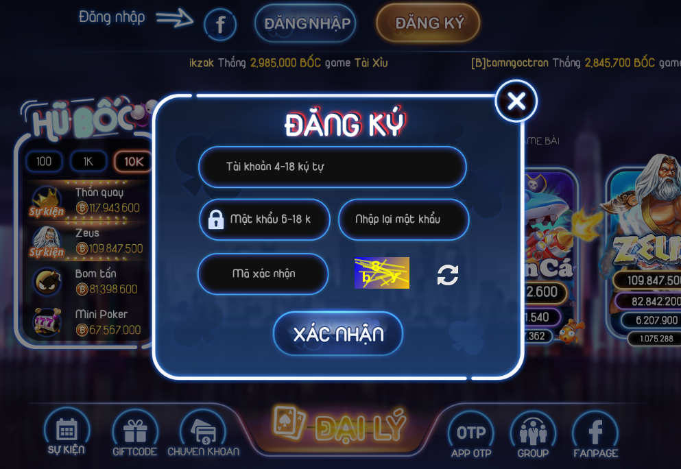 Giao diện đăng ký tại Bốc Club
